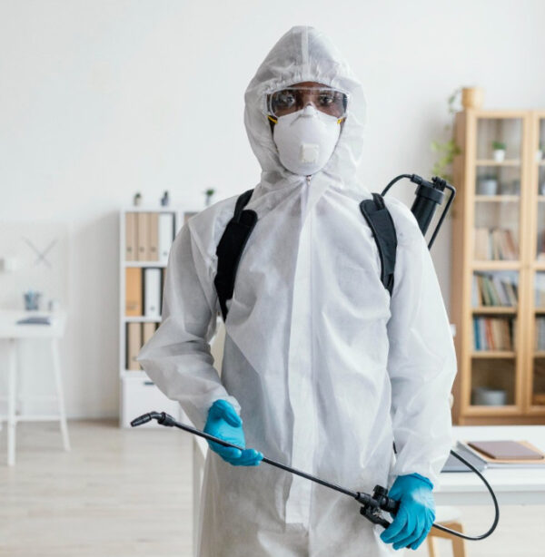 pest control-home عامل مكافحة حشرات يستخدم معدات المكافحة